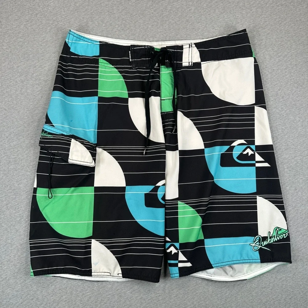 Y2K Quiksilver Board Shorts Mens 34 Geometric Colorblock Surf Trunks Embroidered